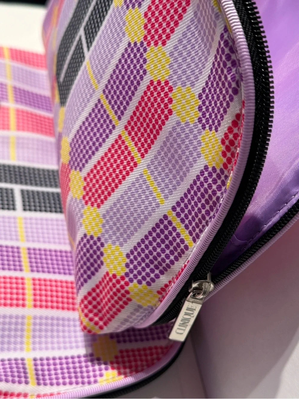 Clinique Pink Purple Yellow Patterned Cosmetic Bag with Purple Scrunchies